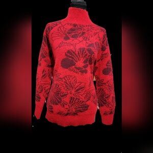 Liz Claiborne Red and Black Floral Turtleneck Sweater